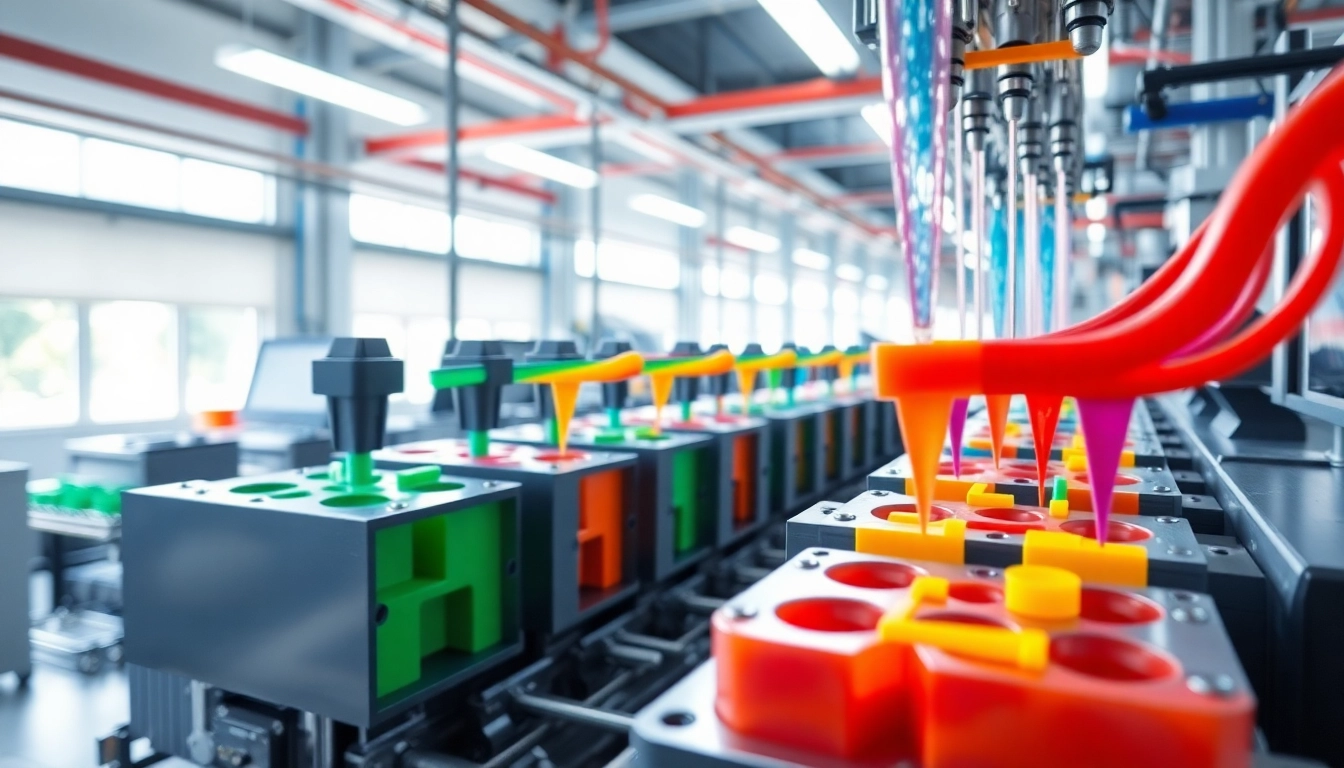 Visualize the injection molding process with molten plastic being injected into precise molds.