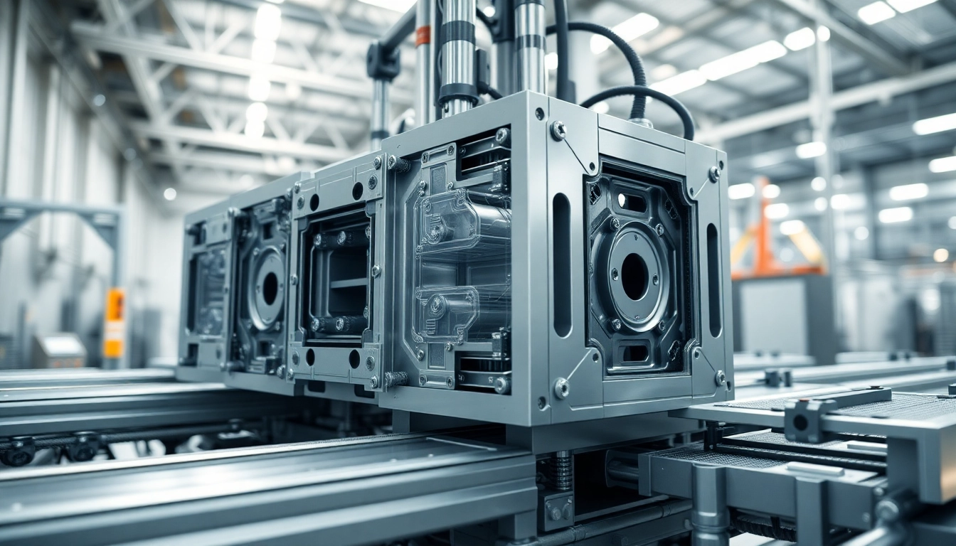 Demonstrate injection molding prototypes in a factory setting, showcasing intricate molds and efficient production processes.